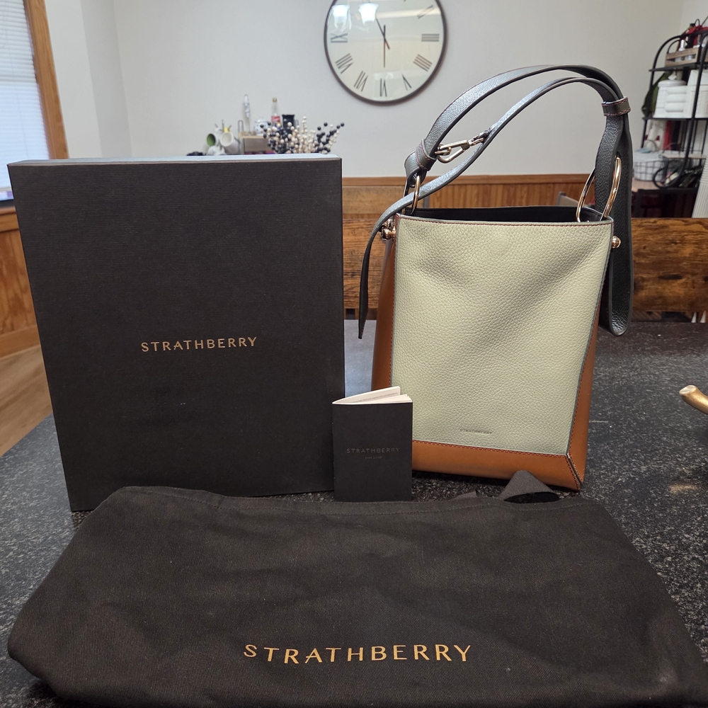 Strathberry Green and Brown Leather Bucket Bag